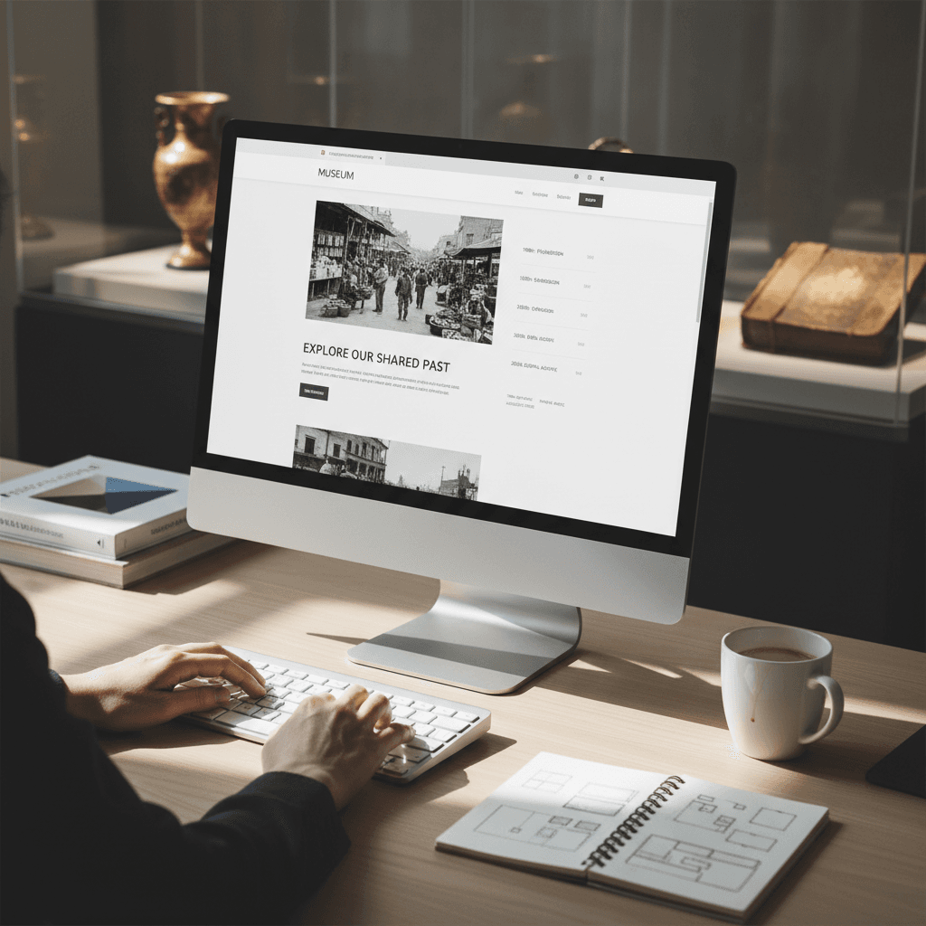 Designer's hands working on desktop showing museum website with historical content and compliance features in bright natural light